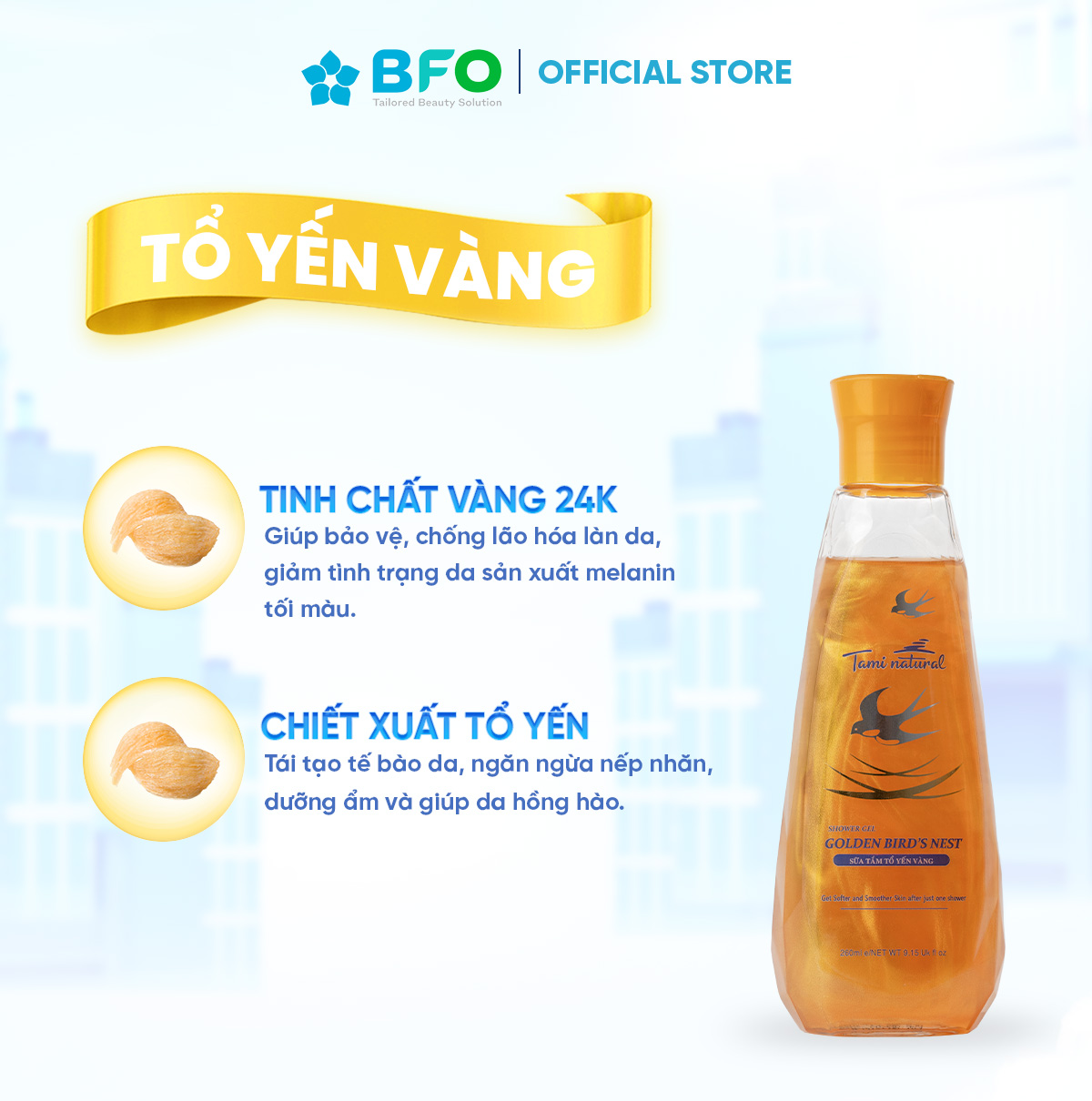 Sữa Tắm Tinh Dầu Thư Giãn Tổ Yến Vàng Công Nghệ Anh Quốc Tami Natutal Dưỡng Ẩm Trắng Da Ngừa Lão Hóa Dung Tích 600ml