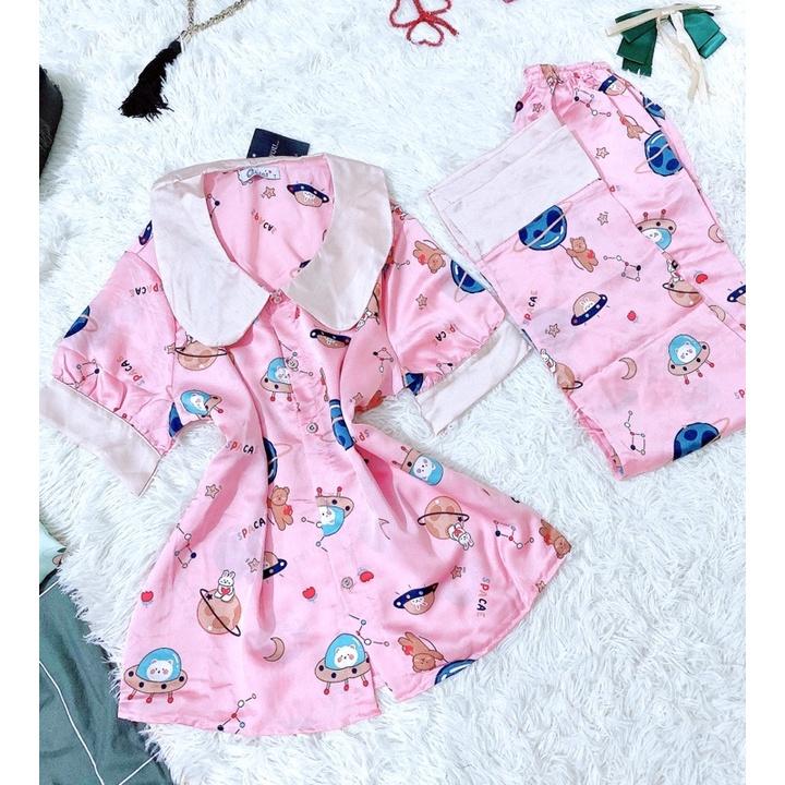 Bộ lụa mềm mịn họa tiết hoạt hình xinh yêu
