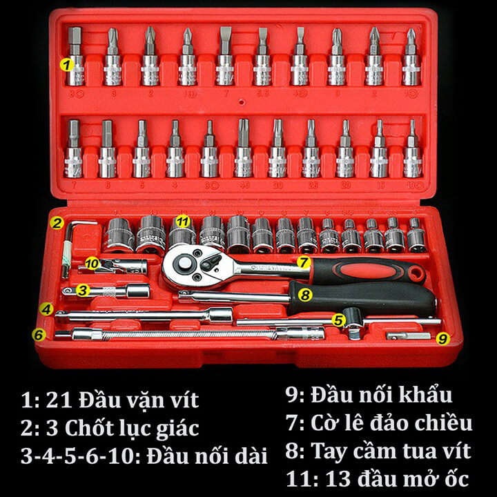 Bộ Dụng Cụ Mở Bu Lông Ốc Vít Đa Năng Sửa Chữa 46 Chi Tiết, Bộ Dụng Cụ Sửa Chữa Ô Tô Xe Máy Tháo Mở Bulong 46 Món