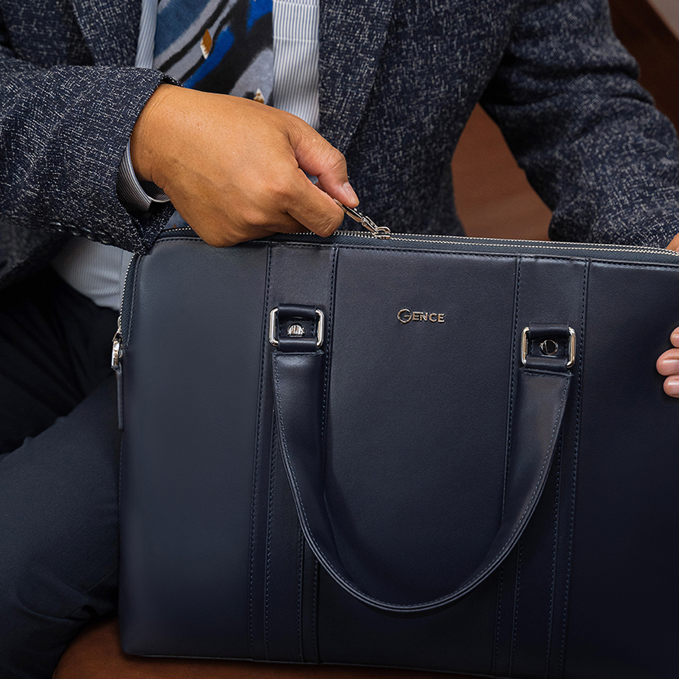 Cặp Da Cao Cấp Túi Xách Nam GENCE GCE22 Da Bò Mềm Màu Xanh Navy Có Dây Đeo Vai