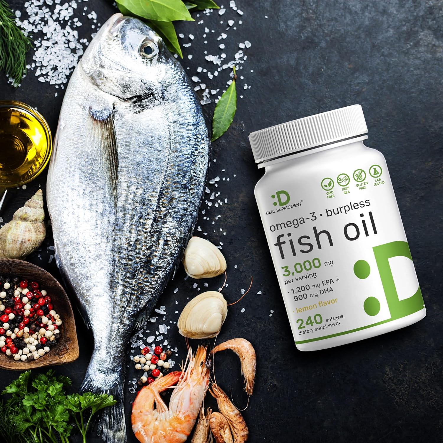 Deal Supplement Omega 3 Fish Oil 3000mg - 240 Viên Dầu Cá Hàm Lượng Cao EPA 1.200mg + DHA 900mg, Hỗ trợ não và tim