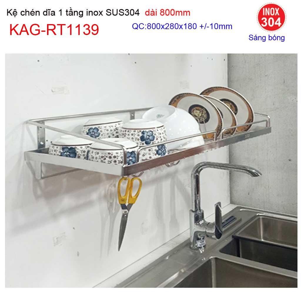 Kệ đựng chén bát inox SUS304, kệ úp chén bát 1 tầng inox dài 80cm KAG-RT1139