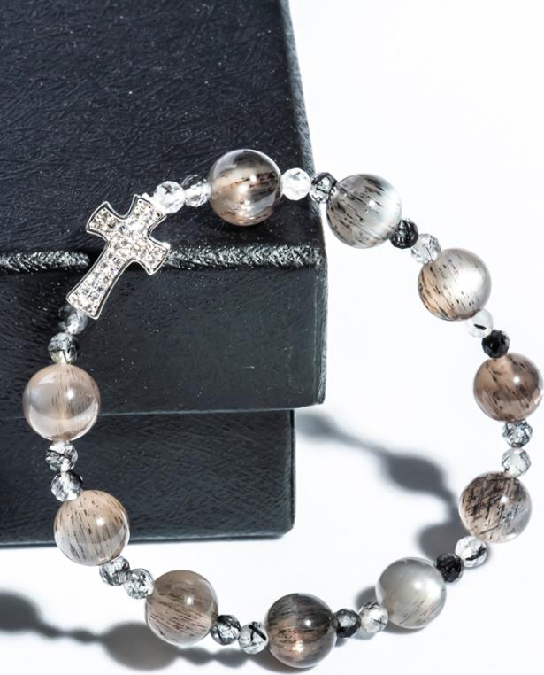 Vòng Chuỗi Mân Côi đá mặt trời đen 08mm mix thạch anh tóc đen BSUN01 - VIETGEMSTONES
