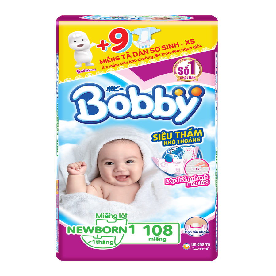 Miếng Lót Sơ Sinh Bobby Fresh NB1 - 108 (108 Miếng Newborn) + 9 Miếng Tã Dán Sơ Sinh - XS