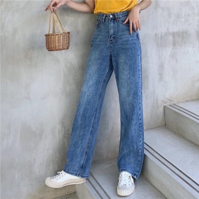 Hình ảnh Quần Jeans Ống Rộng QJ002/ Ống Suông Lưng Cao Qua Rốn BigSize - Không Giãn - ĐEN TRƠN / ĐEN RÁCH 1 GỐI