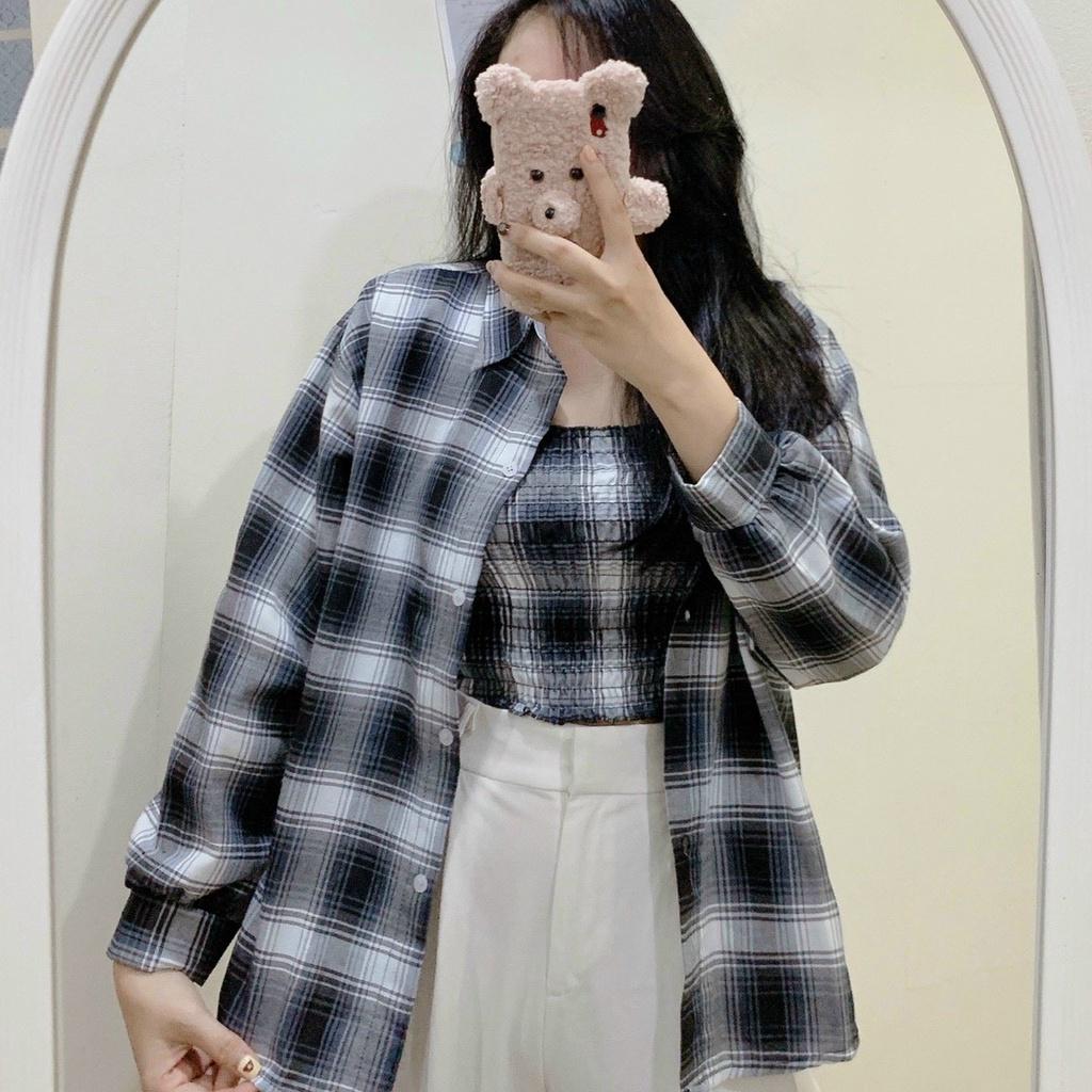 Combo Áo sơ nữ áo trong và ngoài kiểu dáng caro cực đẹp phối nút tay bo nhiều màu