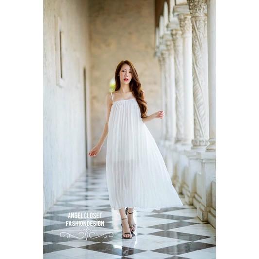 Đầm maxi dập ly hai dây cổ vuông siêu đẹp hình thật