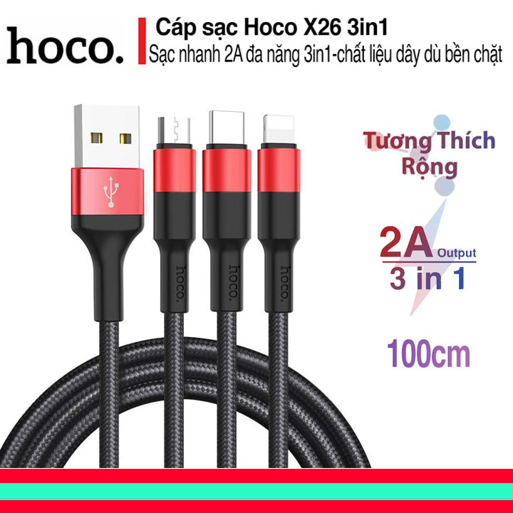 Dây sạc Iphone, Samsung, Oppo, type C, Micro USB Hoco X26, Cáp sạc lightning chính hãng 3 đầu ra sạc được mọi dòng máy - Hàng Nhập Khẩu