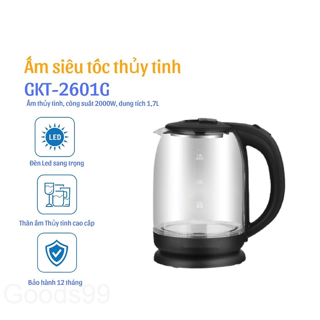 Ấm đun siêu tốc thủy tinh 1.7L 1800W cao cấp