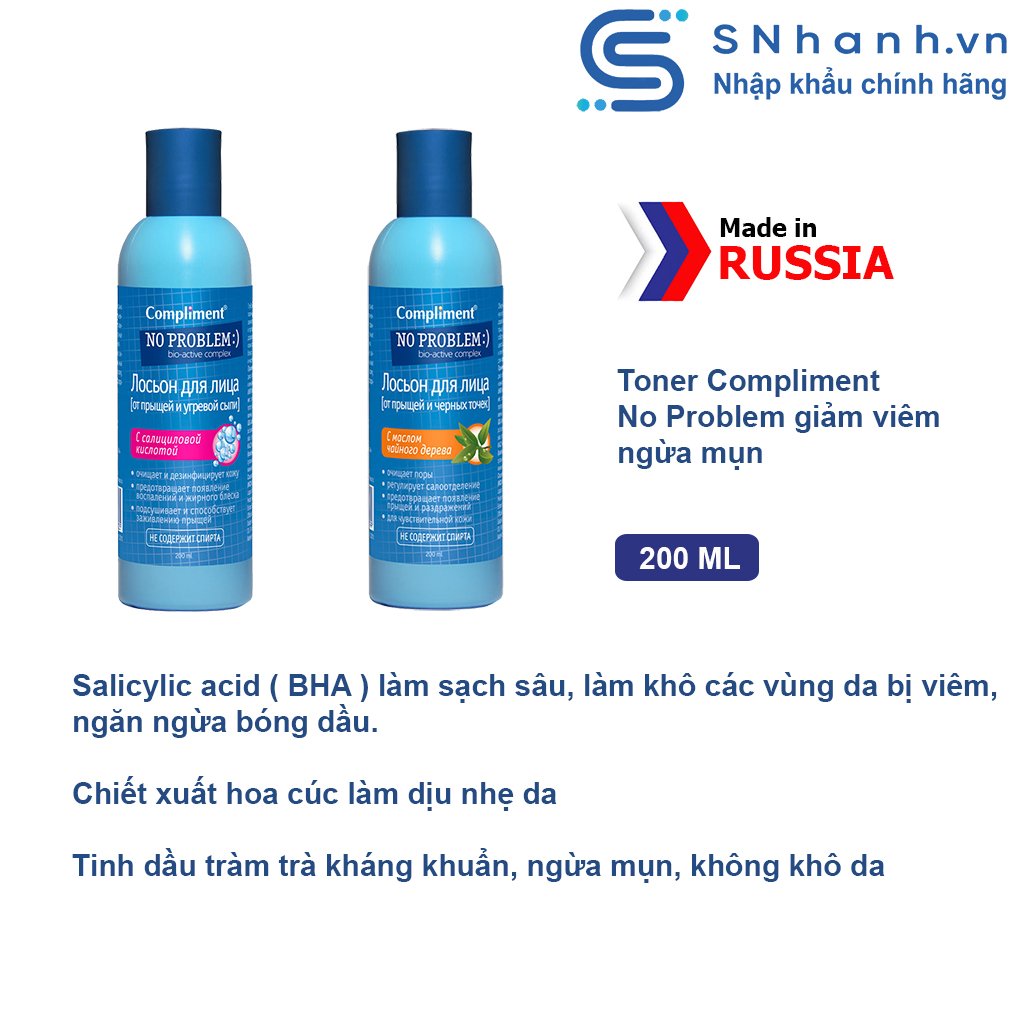 Toner Compliment No Problem cấp ẩm chiết xuất BHA và tràm trà giảm viêm mụn 200ml