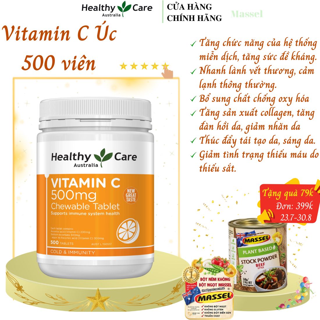 Vitamin C dạng kẹo (ngậm) Úc Healthy Care tăng sức đề kháng, sáng da, tăng sản xuất collagen, nhanh lành bệnh (vết thương) - Massel Official