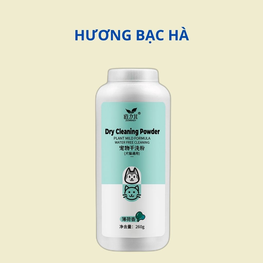 Bột tắm khô Dorrikey giúp khử khuẩn làm sạch cơ thể cho thú cưng - Chai 260g