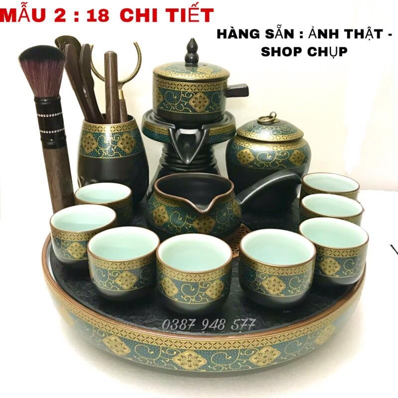 Combo - Khay + Bộ ấm chén pha trà đẹp cối xay gốm sứ cao cấp,Bộ chén uống trà đạo 18 chi tiết hoa cẩm xanh -MK2
