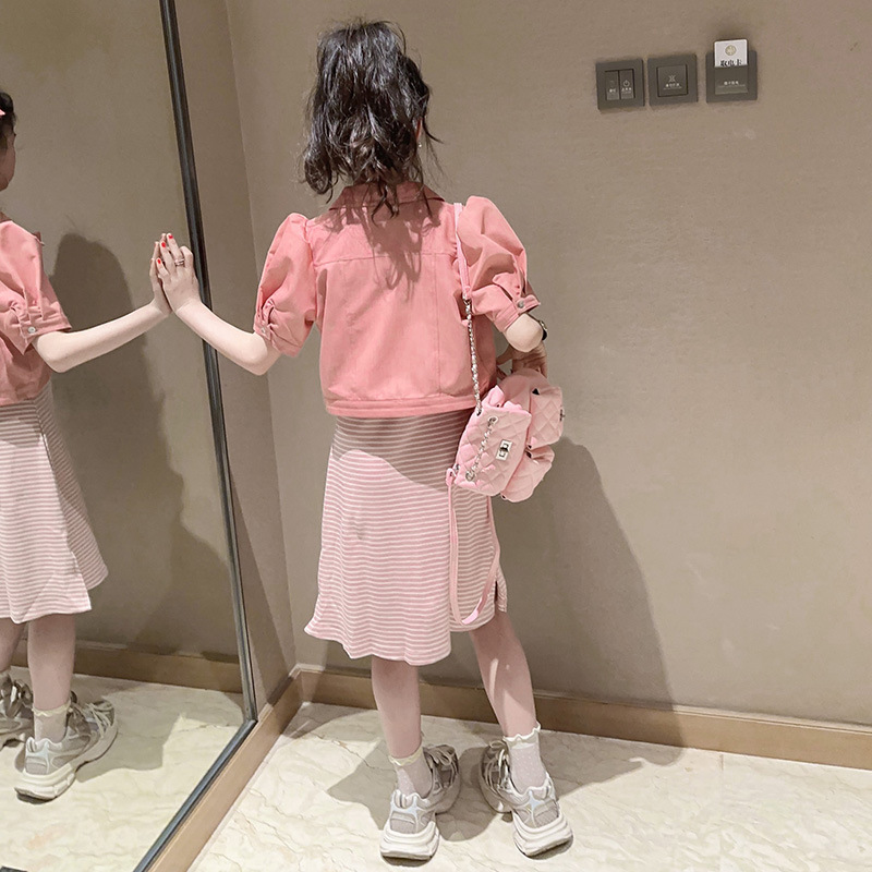 Váy bé gái, Set Váy 2 dây kẻ zip kèm áo khoác sành điệu Habi Fashion HB2312 chất vải mềm mát cho bé 10-30Kg