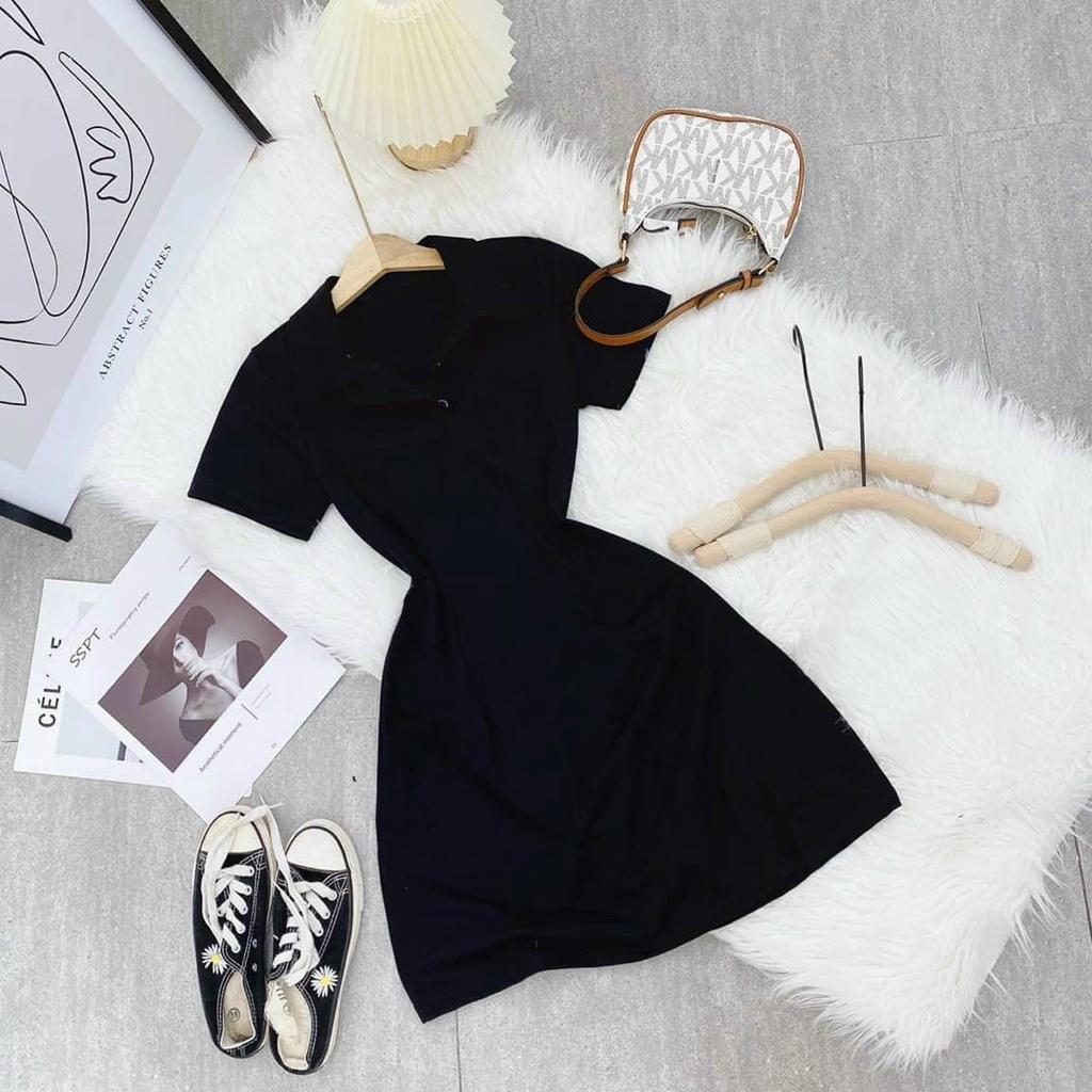 Đầm đen cổ polo ôm body xẻ dáng basic năng động