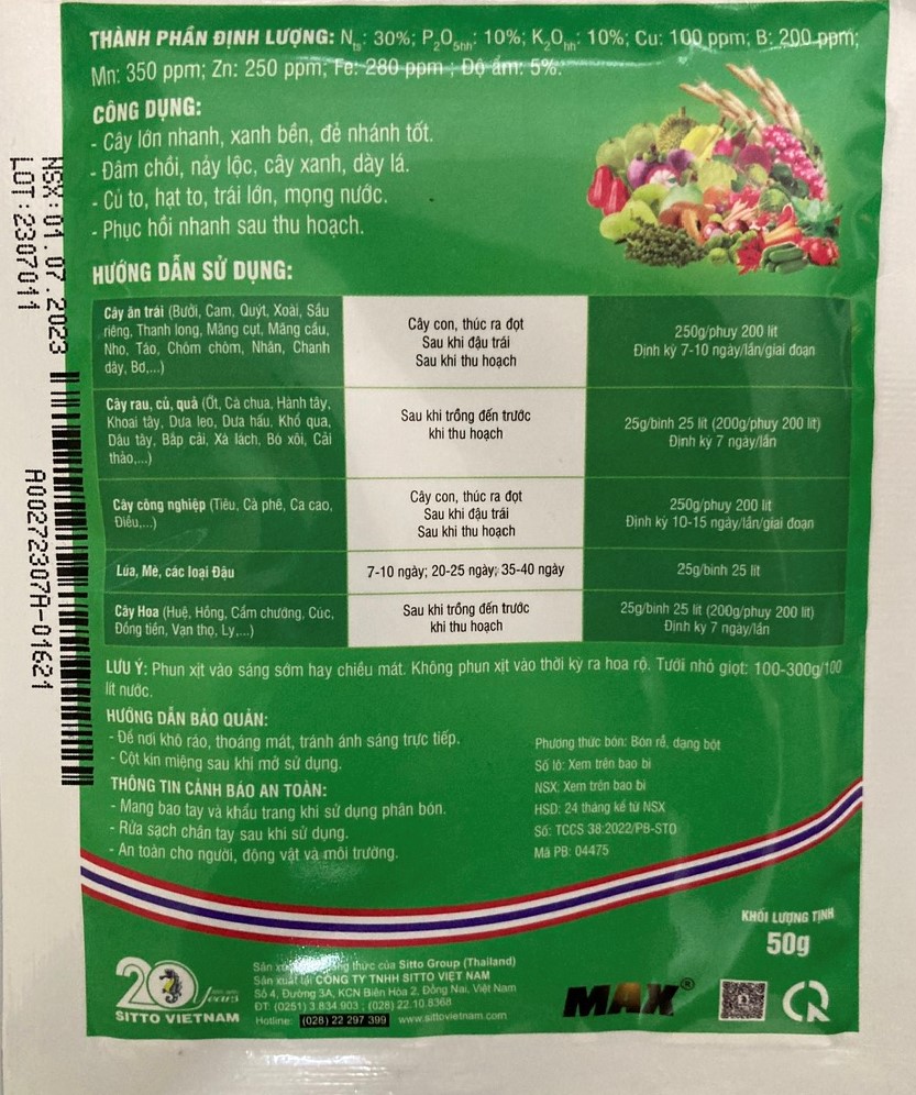 Phân bón lá NPK hòa tan Sitto FoPro 30-10-10+TE gói 50g