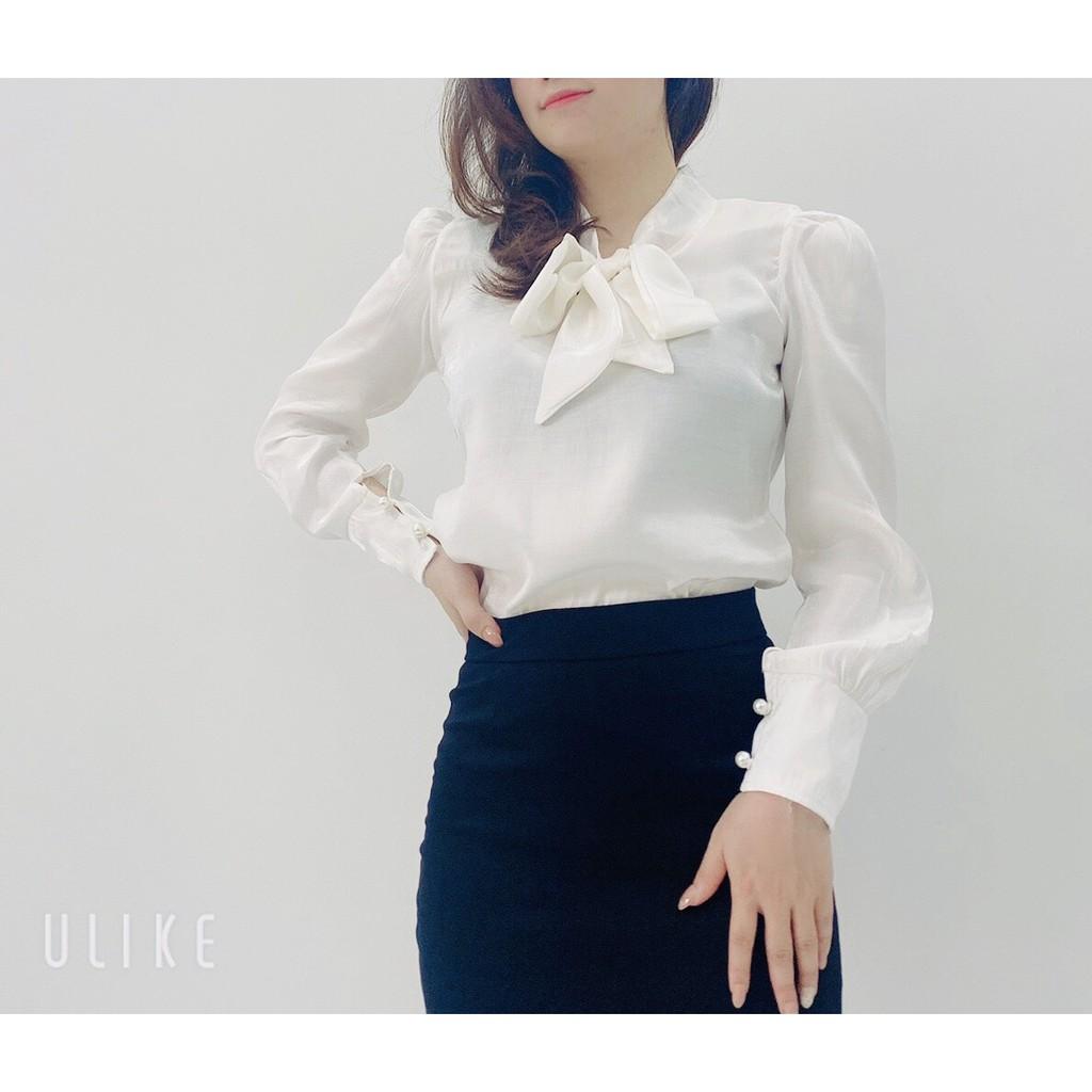 Áo sơ mi nữ công sở áo sơ mi dài tay cổ nơ chất tơ sống siêu xinh thời trang Banamo áo tống cổ nơ 391