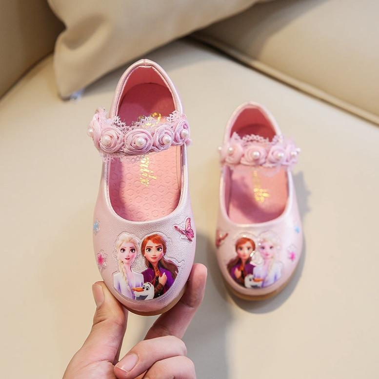 Cho Bé Giày phối ren đính ngọc trai in hình công chúa Elsa Frozen màu trắng/hồng dành cho bé gái 3-6 tuổi