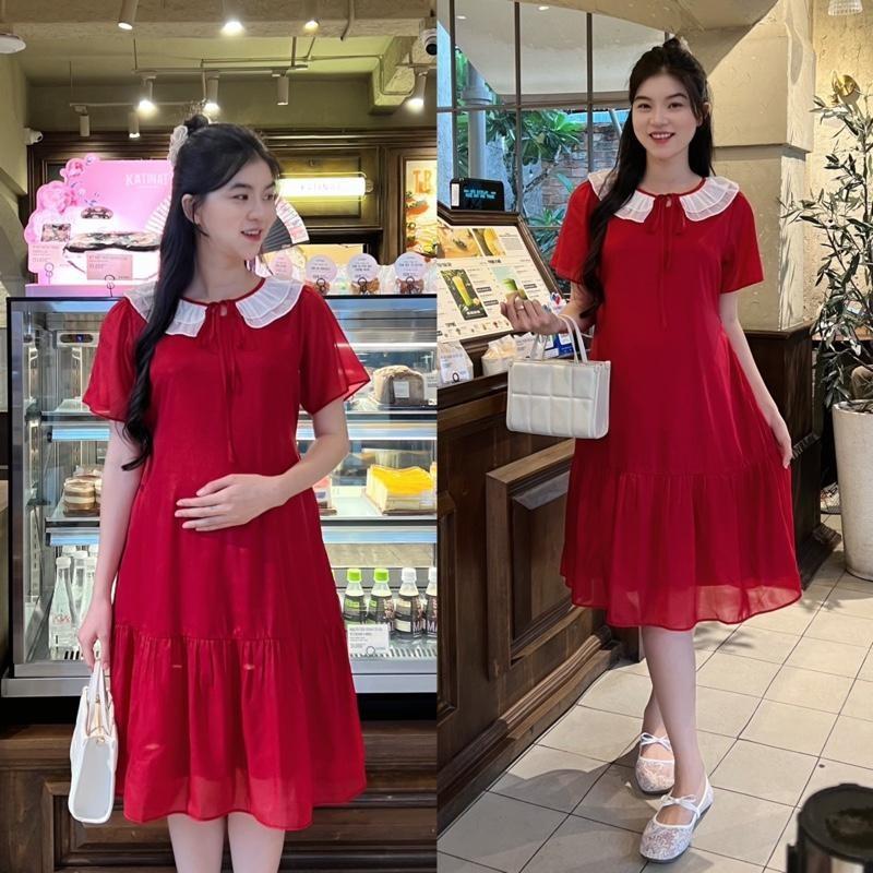Đầm bầu tiểu thư cổ bèo nhún nhẹ nhàng form đuôi cá trẻ trung chất tơ mềm ( 2 lớp ) - Hồng