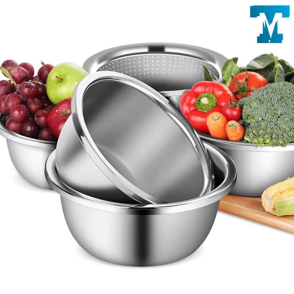 Bộ Thau Rổ Inox 5 Món, dụng cụ nhà bếp, thau rửa rau, thịt, v.v