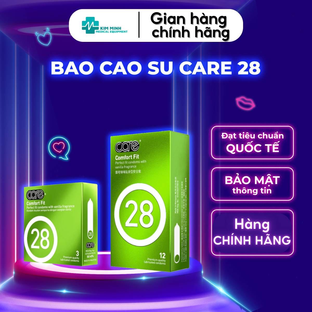 Bao cao su mỏng trơn truyền thống CARE 28, nhiều gel bôi trơn, kéo dài thời gian, hương vani, hộp 3, 12 chiếc