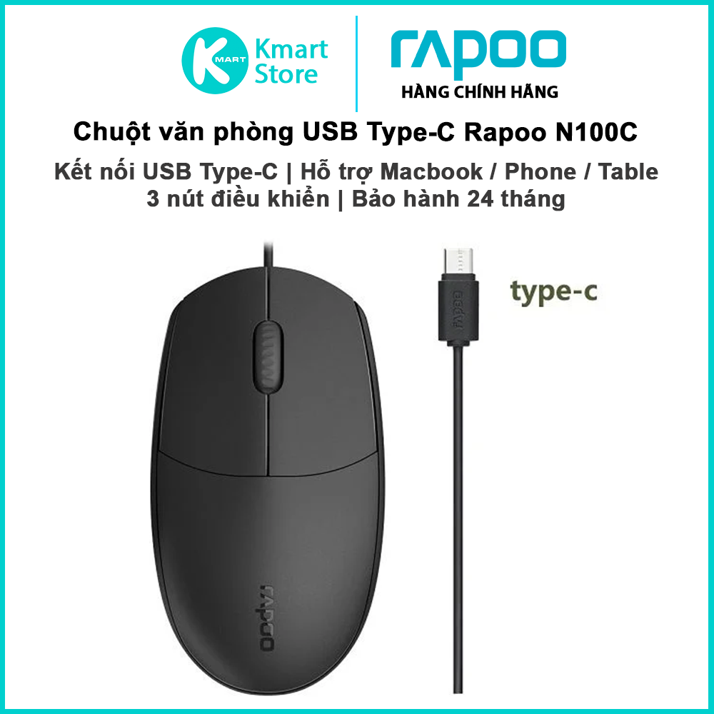 Chuột có dây Rapoo N100C | Kết nối USB Type-C hỗ trợ Macbook / Phone / Table | Bảo hành 24 tháng | Hàng Chính Hãng