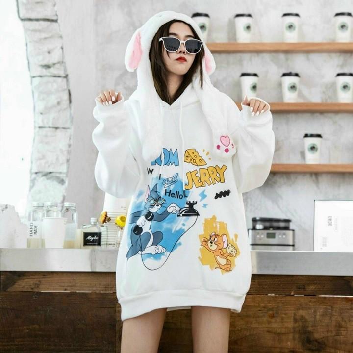 Áo Khoác Hoodie Nỉ Bông in Tom &amp; Jerry Form rộng Unisex Nam Nữ Couple Cực Đẹp
