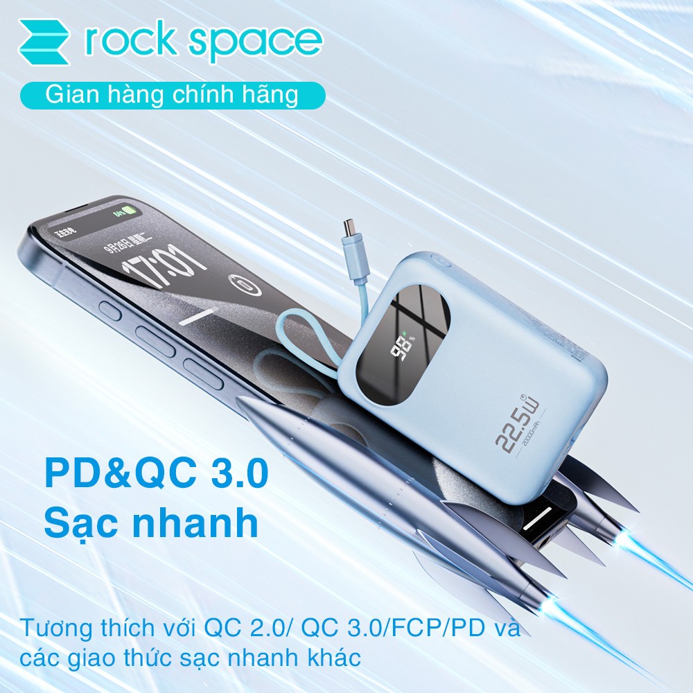 Pin sạc dự phòng Rockspace Y11 sạc nhanh 22.5w dung lượng 20000mAh có tích hợp kèm dây sạc - Hàng chính hãng bảo hành 12 tháng