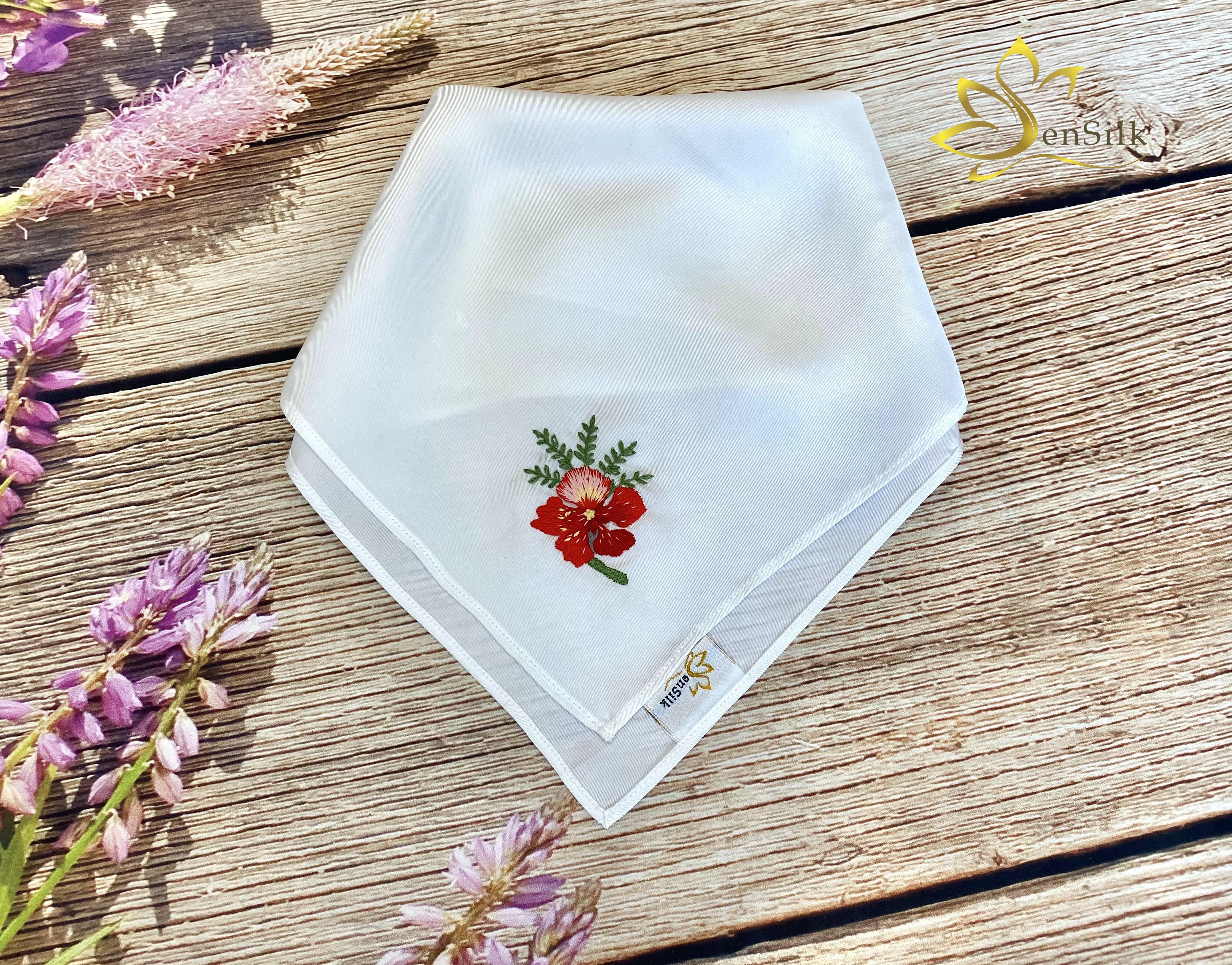 Khăn Tay Lụa Thêu SenSilk Hoa Phượng Vĩ – Quà Tặng Tuổi Học Trò, Embroidered Handkerchief Silk