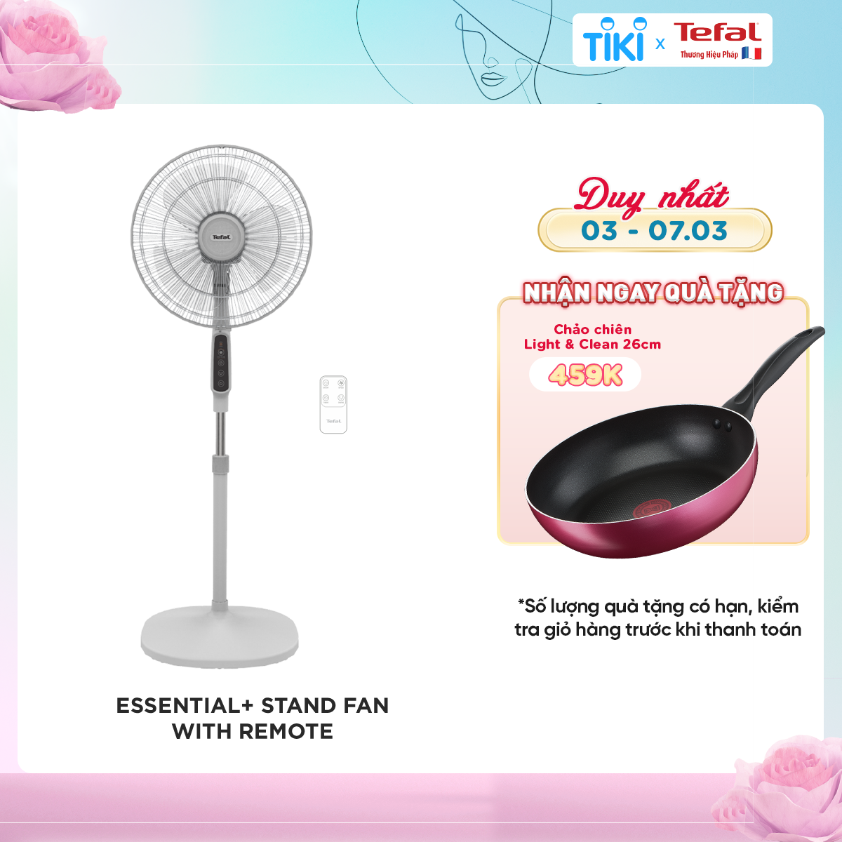 Quạt đứng có điều khiển từ xa Tefal Essential VH444790, màu xám- Hàng chính hãng