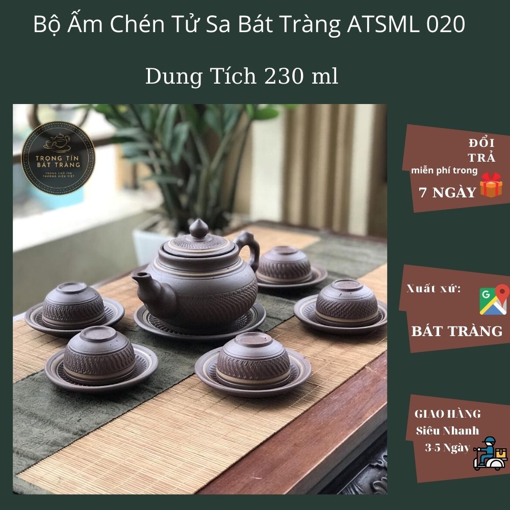 Ấm Trà Đạo Gốm Tử Sa Bát Tràng Trơn Dáng Đoạn Trúc Dung Tích 260ml (Bộ Ấm Chén) ATSML 020