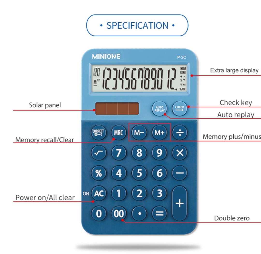 Máy tính bỏ túi P-2C , Màn hình LCD cao cấp,12 số, màu sắc sang trọng, 2 nguồn năng lượng