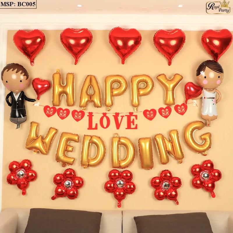 Combo bóng chữ Happy wedding+ bóng cô dâu chú rể + bóng tim + hoa