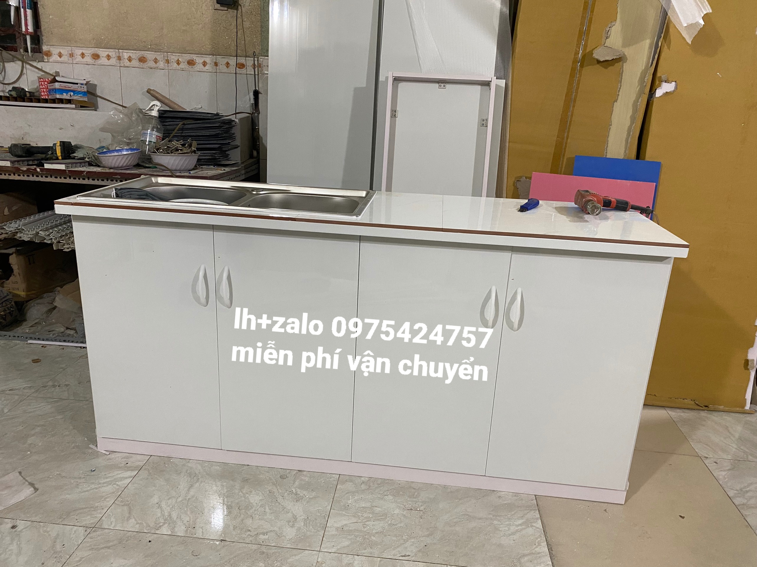 Tủ bếp 2 chậu mặt gạch nhựa đài loan