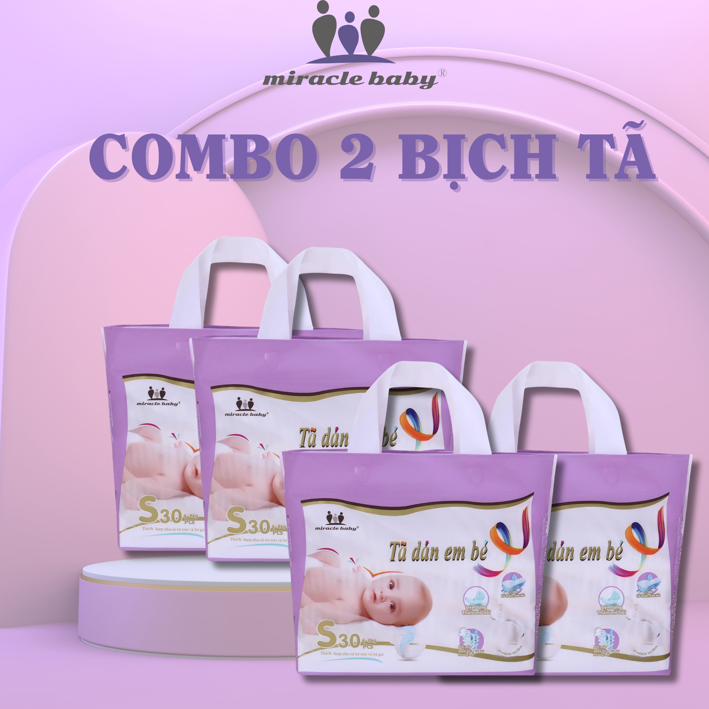 [ COMBO 2 ] Tã dán / Bỉm dán cho bé sơ sinh thương hiệu Miracle Baby , chất liệu tơ tầm mềm mại thông thoáng làn da của bé yêu có 5 kích thước S/M/L/XL/XXL