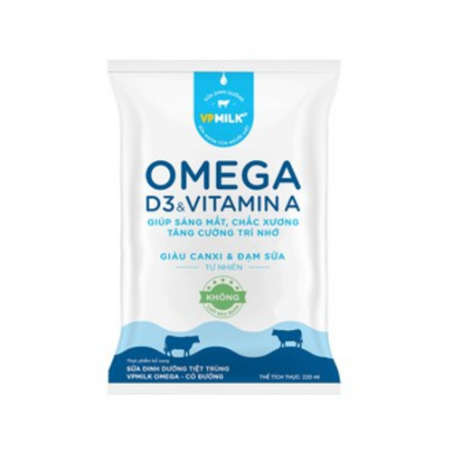 Sữa Dinh Dưỡng Tiệt Trùng VPMilk Omega Có Đường Bịch 220ml (Thùng 48 bịch)