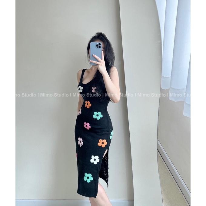 ĐẦM LEN ĐEN XẺ ĐÙI THÊU HOA- 2087