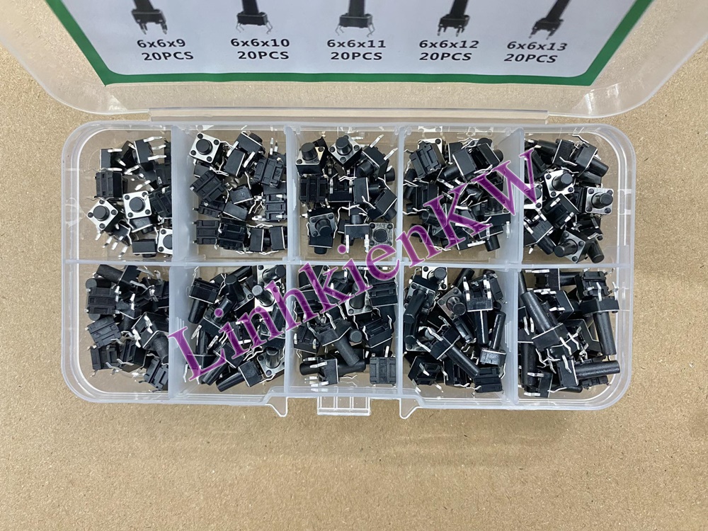 Combo nút vuông 4 chân 10 loại thường dùng trong bo mạch. mỗi loại 20 cái mới 100%
