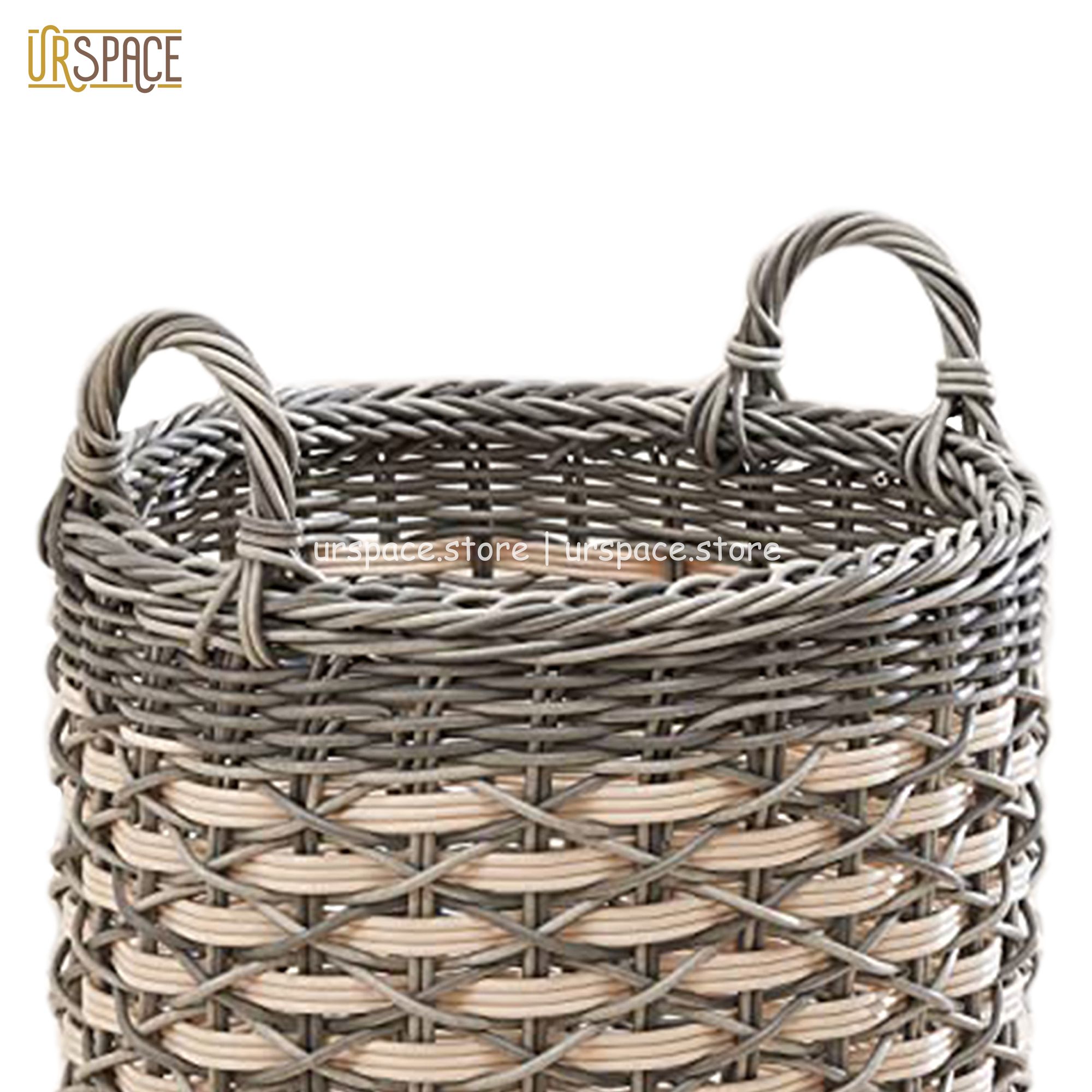 Sọt nhựa đựng đồ đa nặng hình tròn có quai cầm màu trắng xám/ Hand woven resin basket with handles white mix grey