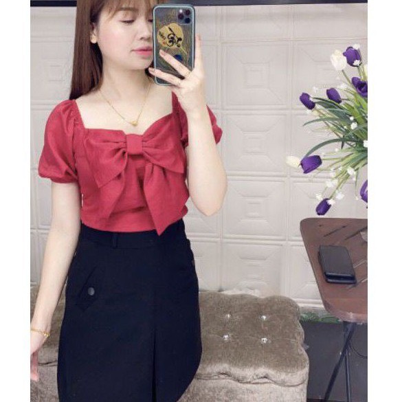 Áo đũi ngắn tay thắt nơ cổ trễ tôn dáng