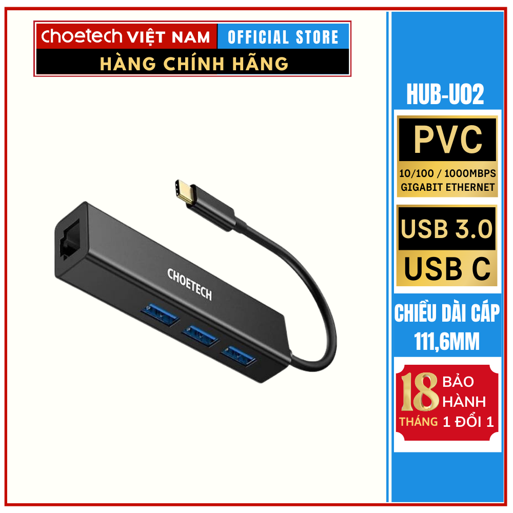 HUB chuyển Type C ra 3 cổng USB và 1 cổng RJ45 Choetech HUB-U02 (Hàng chính hãng)