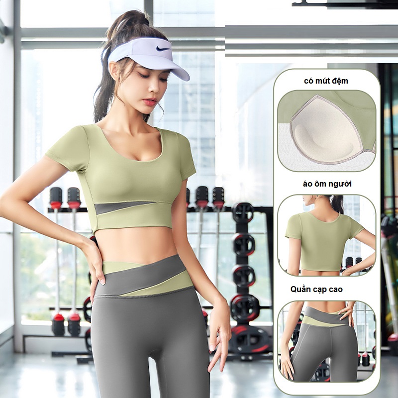 Bộ quần áo tập gym, yoga, aerobic nữ 2 món, áo croptop có đệm mút và quần ôm body, tôn dáng, Set đồ tập trẻ trung năng động