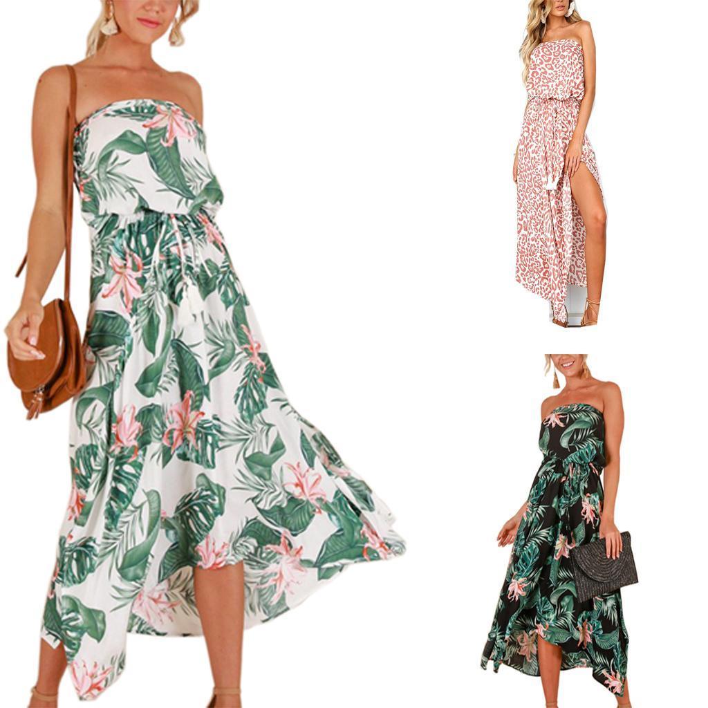 Women's Summer Strapless Floral Print Boho Tube Wrap Chest Beachwear Dress