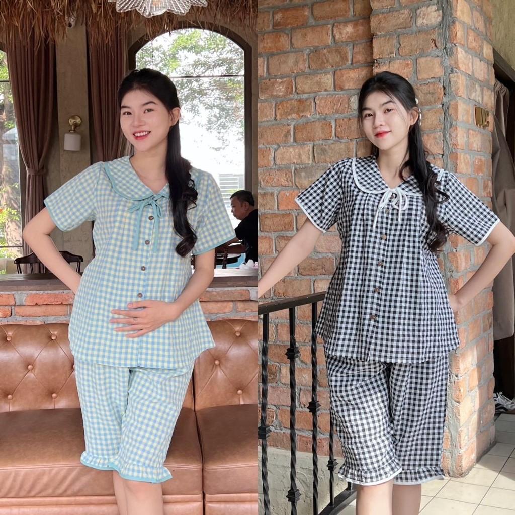 Bộ Đồ Bầu Lửng Karo Mẫu Mới Mùa Hè 2025 Mặc Nhà Chất Cotton Hàn Nhẹ Mát Có Chun Điều Chỉnh - Đỏ