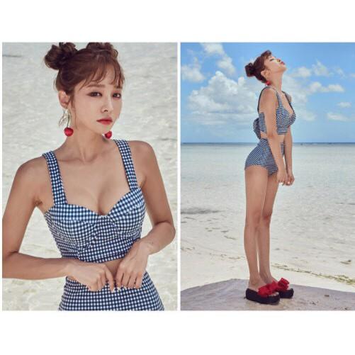 Bộ bơi nữ bikini kẻ caro xanh - eo cao kín đáo