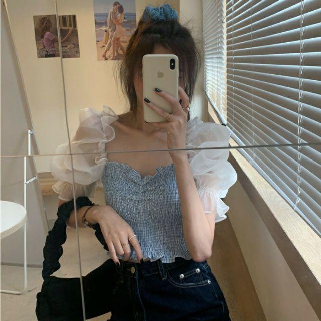 (SẴN) Áo croptop cổ vuông tay voan trắng