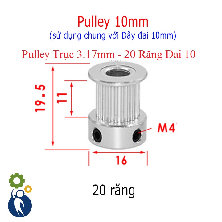 Buly, Puly, Pulley Trục 3.17mm - 20 Răng Đai 10, sử dụng với dây đai 2GT-10mm