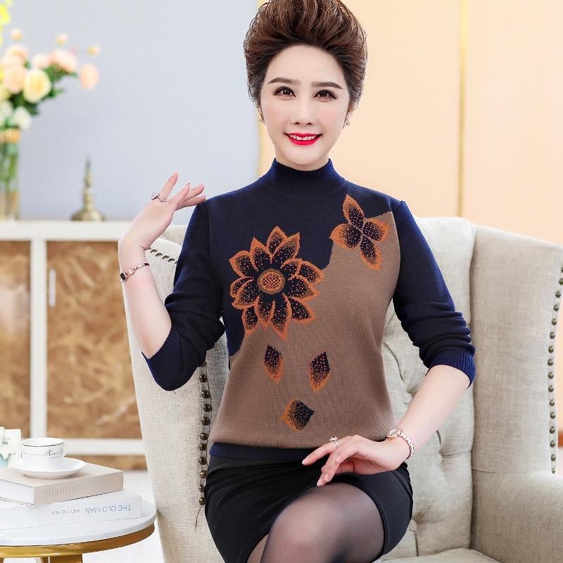 Áo len trung niên cổ cao phối họa tiết hoa sen_áo ấm thu đông cho bà cho mẹ