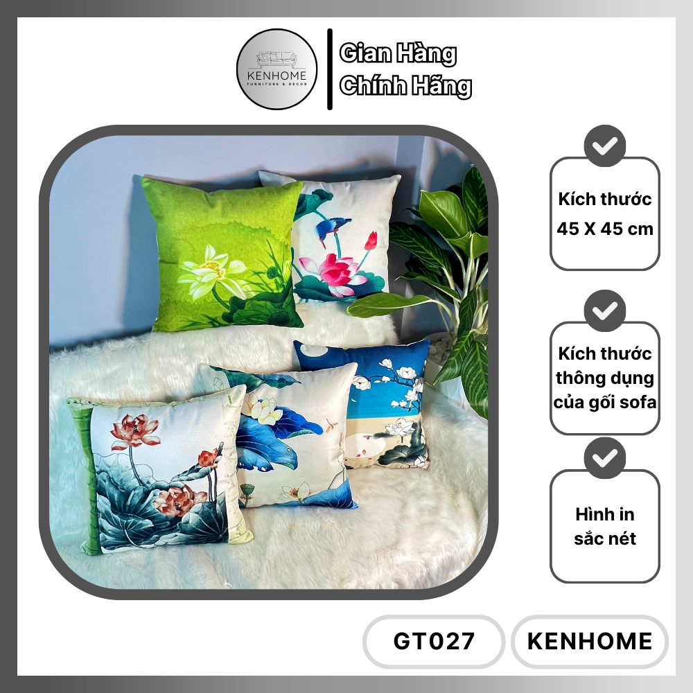 Gối Sofa Họa Tiết Hoa Sen - Gối Tựa Lưng Sofa Phong Cách Sang Trọng Trang Trí Nhà Cửa - Vải Bố Cao Cấp - Kích Thước 45x45cm