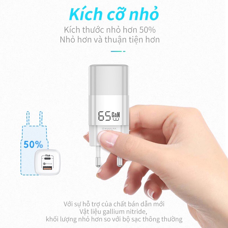 Cốc Sạc Nhanh Kuulaa GaN 65W - Công Nghệ Quick Charge 4.0, PowerDelivery 3.0 - Sạc Nhanh Cho Mac book, IPhone, Samsung, Android - Hàng Chính Hãng